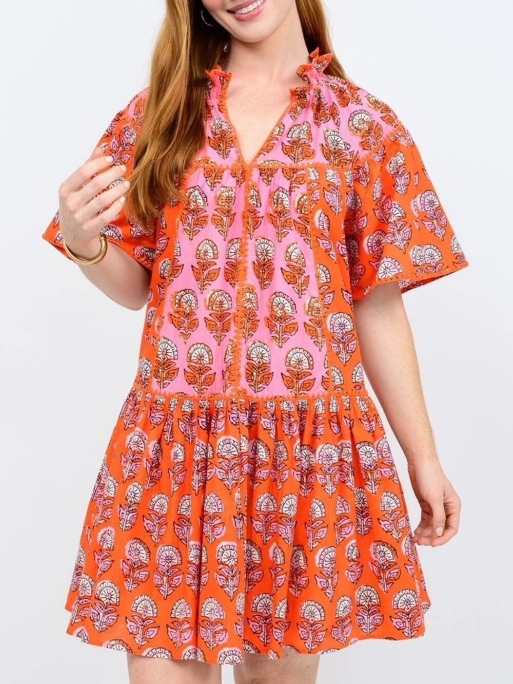 Uncle Frank Women's Orange & Pink Printed Short Sleeve Mini Dress Size Large
